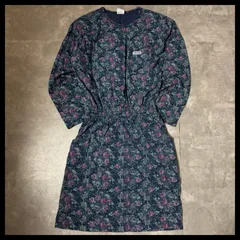 花柄ワンピース M ネイビー グリーン レディース フレア 昭和レトロ ガーリー フェミニン 夏 古着