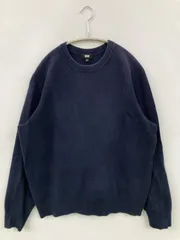 UNIQLO ユニクロ ニット/セーター L ネイビー コットン ニット 無地 ミドル丈 長袖 クルーネック(丸首)