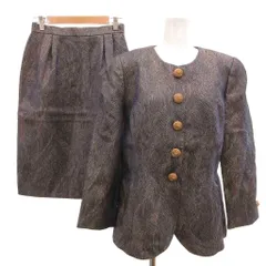 ジュンアシダ jun ashida 美品 スーツ セットアップ ノーカラージャケット タイトスカート 絹  11 金色 青 ブルー 織り柄 イージー ミディ丈 シルク混 /MU ■ECF004