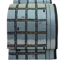 袋帯 秀品 格子 金糸 灰緑 全通 正絹 【中古】