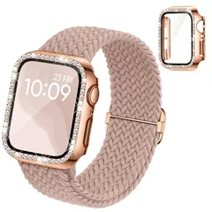【新品】 コンパチブル Apple Watchと互換性のあるバンド 編みナイロン製アップルウォッチ バンド Apple Watch キラキラ カバー付き 互換用のiWatch Bandとケース 一体型 44mm クリスタルダイヤ付き アップルウォッチカバー 0