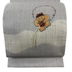 【美品】 袋帯 名品 紬地 雷様 刺繍 箔 灰色 お太鼓柄 正絹 【中古】