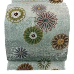 【美品】 袋帯 名品 花 向鳥 唐織 金糸 灰緑 六通 正絹 【中古】