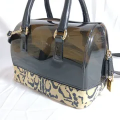 【良品】フルラ キャンディバッグ 2way ボストンバッグ 黒 レオパード 豹柄 PVC 防水 ショルダー FURLA レディース 鞄 南京錠チャーム付 ベタつきなし