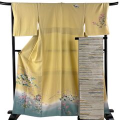 美品 袋帯 名品 千地泰弘 落款 花唐草 縞 金糸 紫 六通 正絹 中古
