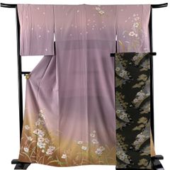 美品 袋帯 名品 千地泰弘 落款 花唐草 縞 金糸 紫 六通 正絹 中古