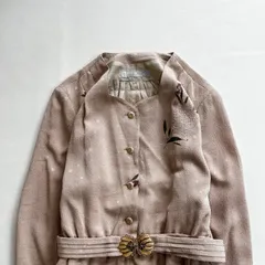 昭和レトロ くすみベージュ小花刺繍 ウエストベルトワンピース ロング丈 長袖 フリーサイズ