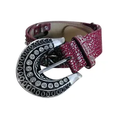 Y2K ヴィンテージ 型押し レザー ベルト スタッズ ラインストーン 赤 レディース 太ベルト ウエスタン風