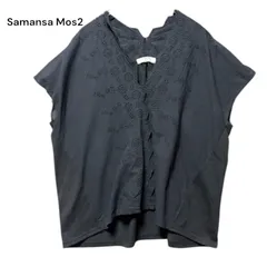 ●棚番号BE-1 Samansa Mos2 サマンサモスモス ブルー F カットワーク 刺繍 ブラウス カットソー　スカラップ　プルオーバー　半袖 SM2