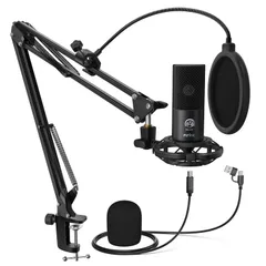 新品 FIFINE USBマイクセット コンデンサーマイク ゲーミングマイク 単一指向性 アームスタンド付き（三脚スタンドなし） ポップガード付き 配信用マイク ABタイプ USBケーブル PC用 Skype 録音 ゲーミング ライブ配信 ゲーム実況 在宅勤務
