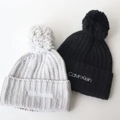 カルバンクライン ニットキャップ ニット帽 ブラック ライトグレー CKロゴ ビーニー ポンポン飾り K60K607383