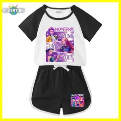 KPOPガールズ! デーモン・ハンターズ半袖Tシャツ短パン上下セットアップ 紫パープル黒ブラック白ピンク トップス 夏パジャマ90 100 110 120 130 140 150子供服キッズ服ゆめかわ女の子 demon hunters 韓国 FR kpt75