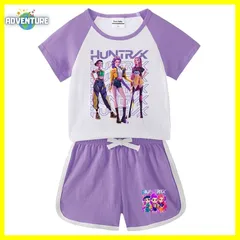 KPOPガールズ! デーモン・ハンターズ半袖Tシャツ短パン上下セットアップ 紫パープル黒ブラック白ピンク トップス 夏パジャマ90 100 110 120 130 140 150子供服キッズ服ゆめかわ女の子 demon hunters 韓国 FR kpt76