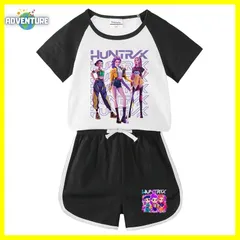 KPOPガールズ! デーモン・ハンターズ半袖Tシャツ短パン上下セットアップ 紫パープル黒ブラック白ピンク トップス 夏パジャマ90 100 110 120 130 140 150子供服キッズ服ゆめかわ女の子 demon hunters 韓国 FR kpt78