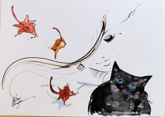 Original artwork #440: Black cat, female figure, cat, autumn leaves, watercolor painting, drawing, interior art, painting.