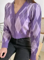 K46 アーガイルパフスリーブカーディガン