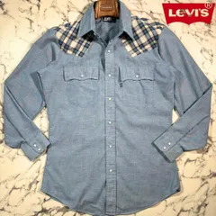 70s/極美品/USA製(L位)●Levi's リーバイス 長袖 デニム シャンブレー ウエスタン シャツ 切替 チェック柄 インディゴ ブルー 青 メンズ