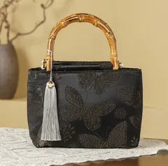 蝶　和装用バッグ 黒 利休バッグ　礼装バッグ　着物バッグ　トートバッグ　刺繍バッグ ハンドバッグ　nのサムネイル