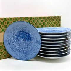 花鳥 中皿10枚セット 刻印なし 染付 ブルー 来客用 平皿 丸皿