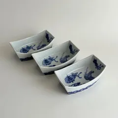 磁器　有田焼　舟型　小鉢　3客セット　染付　宝尽くし　向付
