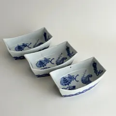 磁器　有田焼　舟型　小鉢　3客セット　染付　宝尽くし　向付