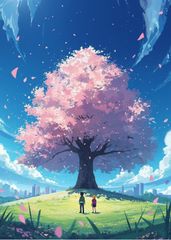 2335 거대한 벚꽃나무와 아이 봄을 느끼는 풍경화 아트 포스터 A3 인테리어 북유럽 모던 풍경화 리빙 현관 카페 세련된 벽 장식 벽 아트 회화 치유 릴렉스 일러스트 벽걸이