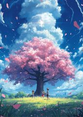2336 벚꽃 피는 언덕과 3명의 아이 봄의 온기 경치 아트 포스터 A3 인테리어 북유럽 모던 풍경화 리빙 현관 카페 세련된 벽 장식 벽 아트 회화 치유 릴렉스 일러스트 벽걸이