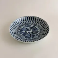 古伊万里　染付　菊花鳥文　輪花皿