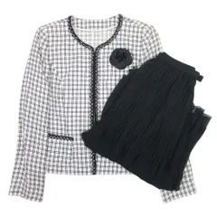 美品 Leilian レリアン シフォンスカートスーツ セットアップ ノーカラージャケット 膝丈 コサージュ付き 7 白 黒 レディース 古着 中古 USED