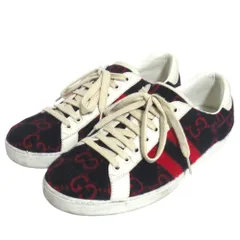 良品 GUCCI グッチ GG柄 ウール×レザー ローカット スニーカー シューズ 648695 サイズ7 26cm ネイビー×レッド×ホワイト メンズ 古着 中古 USED