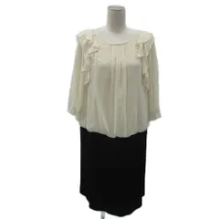 ローズティアラ Rose Tiara ワンピース 大きいサイズ 42 アイボリー 黒 ブラック ラウンドネック 切替 フリル 七分袖 ひざ丈 /YS15 ■ECB003