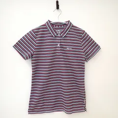 古着　FIRA レディース　ポロシャツ　ドライスポーツポロシャツ　フィラ　Mサイズ　レッド系　ブルー　ホワイト　赤色　紺色　白色　ボーダー　刺繍　左脇タグ付き