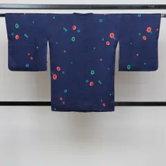 道行コート 袷 身丈78cm 裄丈65cm 正絹 Sランク セミフォーマル Mサイズ 幾何学柄 モダン アート 紺系 M4 1237-05464