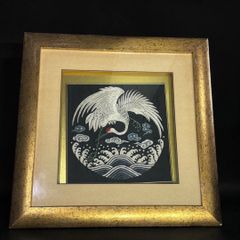 江戸時代っぽい街並み 綺麗なブルーの横長油彩・額装／サイン有・作家