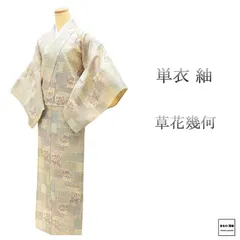 単衣 紬 正絹 草花 幾何 身丈158.5cm 裄丈65cm 中古 リサイクル 着物 wd0228