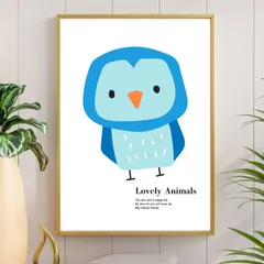 アートポスター【どうぶつ (72)青いフクロウ】【A3】かわいい 北欧風 子供 小学生  キッズ 動物 犬 猫 壁飾りウォールアート インテリア