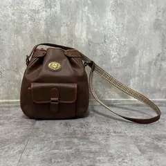 【Burberry】バーバリー ショルダーバッグ レザーショルダーバッグ レディース イタリア製 ブラウン 茶色 巾着型 ノバチェックストラップ ロゴ金具 フロントポケット付き オールドバーバリー ヴィンテージバッグ