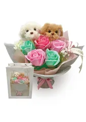 ソープフラワー ブーケ バラ ギフトバッグ付き ギフト 花束 犬 イヌ ブルー ピンク 誕生日プレゼント ギフト お祝い 贈り物 マスコット卒業式 卒業 合格 入学 母の日 母の日ギフト 造花 高さ約24? 幅約25? (ソープフラワーツインイヌ ブルー AR