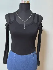 コットンストレッチ効き ショルダー 紐 クロップドTシャツ 長袖 ブラック