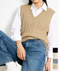 ニットベスト レディース ケーブル編み Vネック 重ね着 体型カバー 春秋冬 ベスト 無地