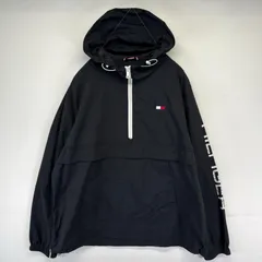 古着 トミーヒルフィガー TOMMY HILFIGER ナイロンジャケット アノラックパーカー スリーブロゴ ワンポイント 2XL  ブラック系 メンズ