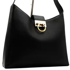美品 Salvatore Ferragamo サルヴァトーレ フェラガモ ガンチーニ ワンショルダーバッグ ハンドバッグ サフィアーノ レザー ブラック 黒 ゴールド金具 肩掛け 手提げ フォーマル 冠婚葬祭 レディース イタリア製 希少
