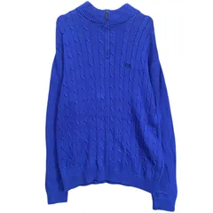 CHAPS チャップス ハーフジップ コットン ニット セーター L 青 ブルー ケーブル編み ワンポイント ロゴ 刺繍 90s ビンテージ ヴィンテージ オーバーサイズ 古着 ゆるだぼ ラルフローレン ハイネック 綿100% / MS656のサムネイル