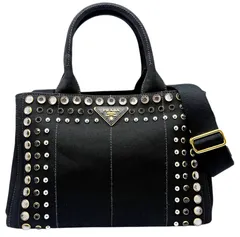 【中古】PRADA プラダ カナパ ミニ ビジュー キャンバス ブラック 1BG439 2WAY ハンドバッグ スタッズ ゴールド金具 ショルダーバッグ 黒 デイリーユース カジュアル ファッション レディース 【ブランドギャラリー東心斎橋店】