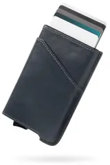 [zepirion] キャッシュレスに最適化 クレジットカードケース 本革 スキミング防止 磁気防止 スライド式 スリム 薄型 アルミニウム メンズ レディース Quick Wallet 2 Leather (Navy)美品　おすすめ aff9fed6