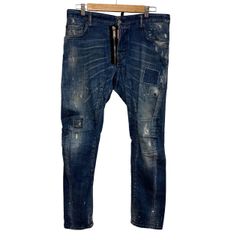 Dsquared2 Men's Tidy Biker Jeans, Stretch Denim, Painted and Distressed Finish, Size 50 (equivalent to L), Indigo Blue, S74LB0424【ZY4】