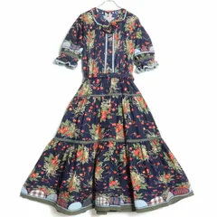 【美品】ピンクハウス★舞い散るチェリーが可愛い！パッチワークたっぷり♪ボリュームワンピース パフスリーブ  紺系 ＊z18536