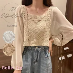ブラウス クロシェ トップス 長袖 シアー ショート丈 透け感 レディース 韓国ファッション ガーリー フェミニン かぎ針編み おしゃれ 無地 柄