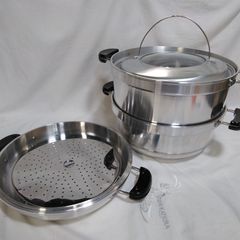 ☆未使用☆ ムスイ 両手鍋 内径25cm 蒸し器、ガラス蓋付 アルミ 無水鍋
