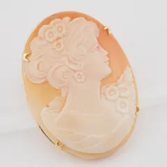 V307 シェルカメオ 作家サイン有 ブローチ 女性横顔 ゴールドカラー デザイン ヴィンテージ